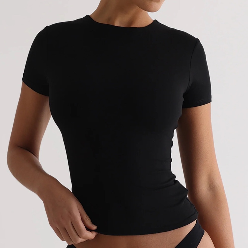 Short Sleeve T-shirt full-length, double layered top with a high neckline